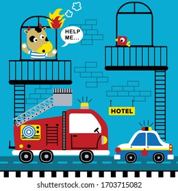 fire fighter in action funny cartoon,vector illustration