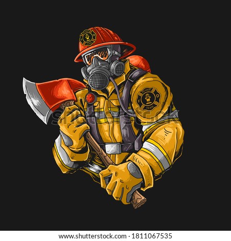 fire fighter with axe illutration vector graphic