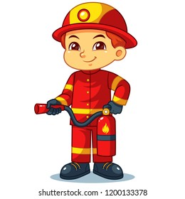 Fire Fighter Boy Ready To Spray With Fire Extinguisher.

