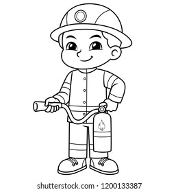 Fire Fighter Boy Ready To Spray With Fire Extinguisher BW.