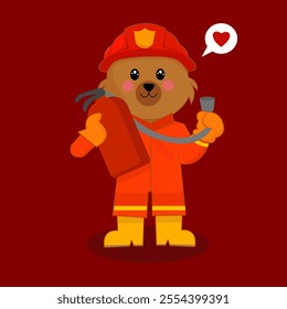 Fire Fighter Cute Bear Ready To Spray With Fire Extinguisher.