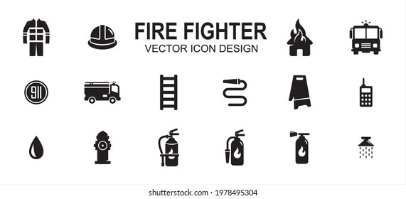fire fighter department related vector icon user interface graphic design. Contains such icons as office, person, uniform, safety, burning house, fire fighter truck, 911 sign, ladder, water hose