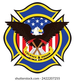Emblema de bomberos con águila y hachas	
