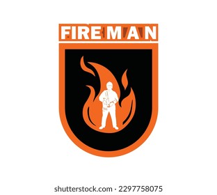 FIRE FIGHTER EMBLEM LOGO, silhouette of great man and flames in shield vector illustrations