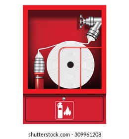 Fire fighter equipment in the red box. Vector illustration