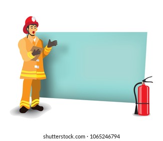 The fire fighter and the fire extinguisher, cartoon.(vector) 