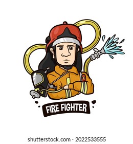 Fire Fighter Figure Illustration Design. By Using a Safety Suit and a Water Hose Behind Him as a Background