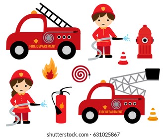 Fire Fighter Girl And Boy With Different Fire Related Cliparts Icon Collection