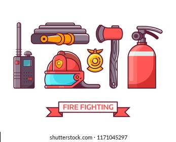 Fire fighter icon set with fire department equipment and elements. Such as helmet, extinguisher, hydrant and fireman badge in outline flat design. Firefighting icons.