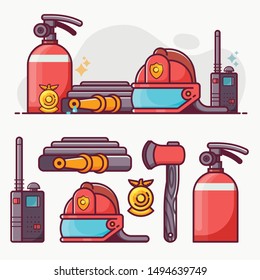 Fire fighter icon set with fire department equipment and elements. Such as helmet, extinguisher, hydrant and fireman badge in outline flat design. Fire fighting department icons banner.