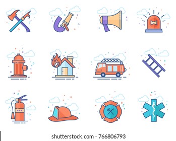 Fire Fighter Icons In Flat Color Style. Vector Illustration.