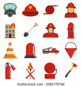 Fire fighter icons set. Flat illustration of 16 fire fighter vector icons isolated on white