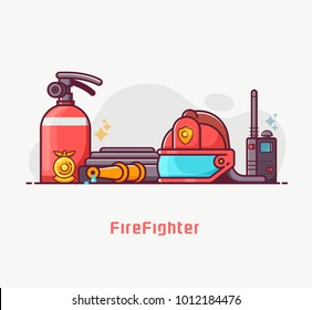 Fire Fighter Lifestyle Concept Illustration With Firefighting Equipment. Such As Helmet, Extinguisher, Hydrant And Fireman Badge In Outline Flat Design. Fire Department Banner Or Background.