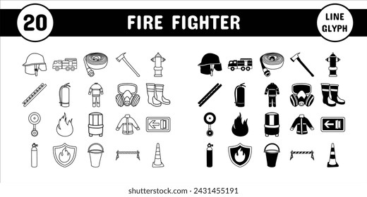 Fire Fighter Line Glyph Vector Illustration Icon Sticker Set Design Materials