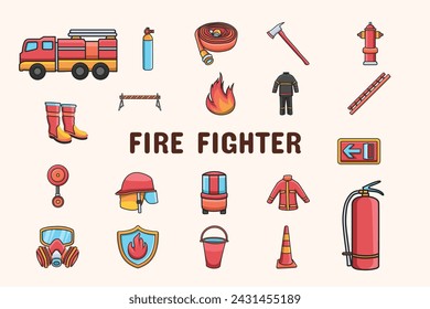 Fire Fighter Lineal Color Vector Illustration Icon Sticker Set Design Materials