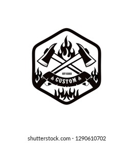 fire fighter logo design vector template with using fire and crossed axes