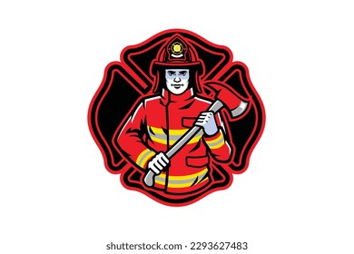 Fire Fighter mascot logo cartoon illustration vector design