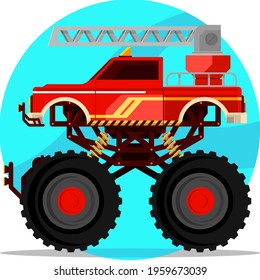 Fire Fighter Monster Truck with Ladder Flat Cartoon