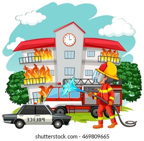 Fire Fighter At Fire Scene Illustration