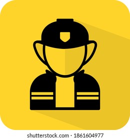 Fire Fighter Sign. Man Officer. Royal Guard Figure. Human Dummy Icon. Profile Avatar. Yellow Color Background. Black Vector. Simple Isolated Illustration.