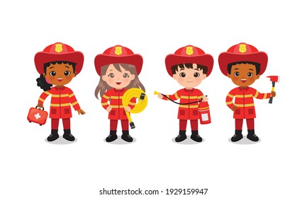 Fire fighter team pose with safety tools. Boys and girls in cute red uniform. Flat vector cartoon design isolated