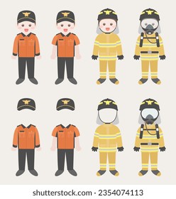 Bombero de uniforme. Conjunto de ilustraciones de caracteres del vector.