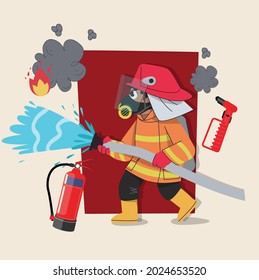 luchador contra incendios usando máscara lindo 2d personaje listo para la animación completa con herramienta de trabajo