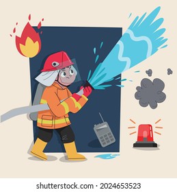 Fire Fighter Fire Fighter Wearing Mask Cute 2d Character Ready For Animation Complete With Job Tools