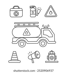 fire fighters equipment sketch set.firefighter outline.hand drawn on white background