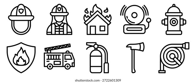 Fire fighters icon set line style representing emergency response fire rescue safety equipment and professional service activities.