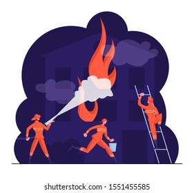 Fire Fighters Male Characters in Uniform on Ladder Spraying Water from Hose. Group of Firemen Fighting with Blaze Working as Team Fight with Big Fire at Burning House. Cartoon Flat Vector Illustration