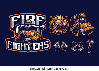 Fire Fighters Mascot Style With Axe Accessory And Fire Fighter Logo Isolated On Navy Blue Background