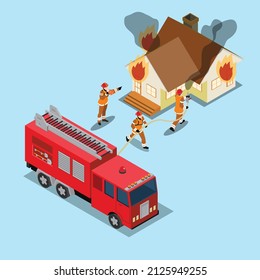 Fire Fighters Putting Out A House Fire isometric 3d flat vector illustration concept for banner, website, landing page, ads, flyer template, etc