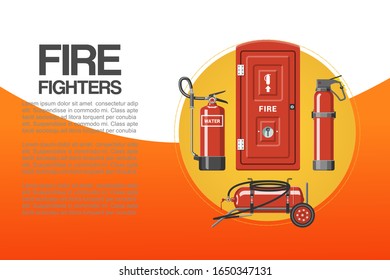 Fire fighters service poster, vector illustration. Cartoon emergency red firefighter rescue tools set with typography. Elements of the fire departament equipment, extinguisher for firemen.