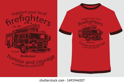 Fire Fighters Truck - Vector Graphic, Typographic Poster, Vintage, Label, Badge, Logo, Icon Or T-shirt