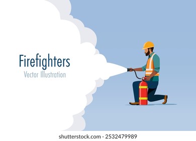 Fire fighters use fire extinguisher to extinguish fire with free space for text. Fire safety equipment and training. Banner, template for advertisement. Vector.