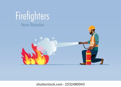 Fire fighters use fire extinguisher to extinguish burning fire flame. Fire safety equipment and training. Vector.