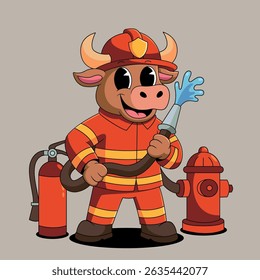 Fire Fighting Bull cartoon illustration
