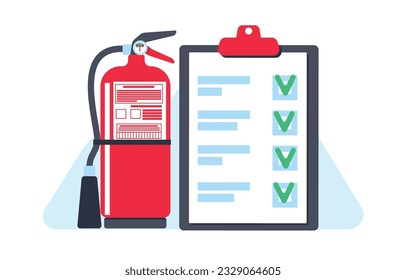 Fire fighting checklist. Extinguisher and paper tablet with checkmarks. Document at clipboard. Firefighting safety. Flame prevention checklist page. Extinguishing