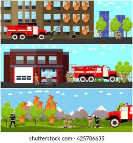 Fire fighting department horizontal banners vector set. Fire station and firefighters. Truck and building.