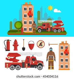 Fire fighting department objects isolated on white background. Fire station and firefighters. Design elements and icons in flat style.