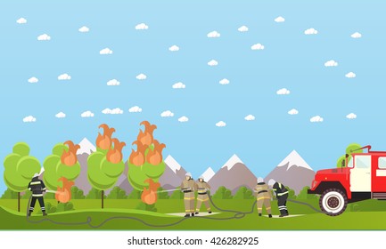 Fire fighting department vector banner. Firefighters extinguish the fire in a forest.