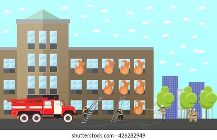 Fire fighting department vector banner. Fire station and firefighters. Truck and building.