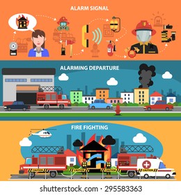 Fire fighting departure horizontal banner set with alarm signal elements isolated vector illustration