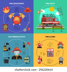 Fire fighting design concept set with fireman truck outfit alarm flat icons isolated vector illustration