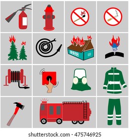 Fire fighting design concept set with fireman truck outfit alarm flat icons isolated vector illustration