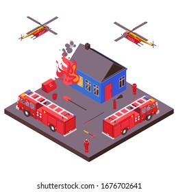 Fire fighting emergency rescue transport equipment extinguished burning house vector illustration. Fire engines truck with stairs, flying helicopters, hydrants, bucket and shovel. Isometric isolated.