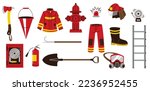 Fire fighting equipment. Cartoon fireman tools doodle flat style, firefighter icons axe bucket hose hydrant helmet safety concept. Vector isolated set. Professional uniform as jackboots, jacket