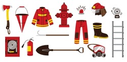 Fire Fighting Equipment. Cartoon Fireman Tools Doodle Flat Style, Firefighter Icons Axe Bucket Hose Hydrant Helmet Safety Concept. Vector Isolated Set. Professional Uniform As Jackboots, Jacket