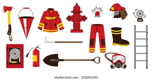 Fire fighting equipment. Cartoon fireman tools doodle flat style, firefighter icons axe bucket hose hydrant helmet safety concept. Vector isolated set. Professional uniform as jackboots, jacket